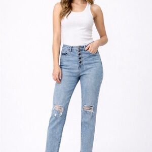 Kut from the Kloth Light Blue High-Rise Button-Fly Distressed Jeans